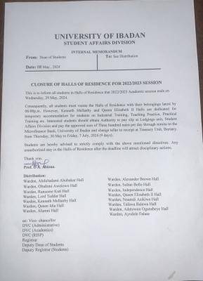 UI notice on closure of hall of residence, 2022/2023