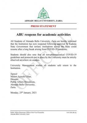 ABU re-opens for academic activities