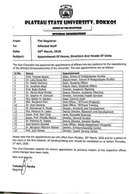 PLASU announces new appointments for key academic and administrative positions