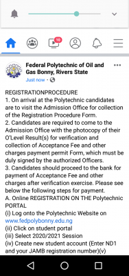 Federal Polytechnic of Oil and Gas, Bonny registration procedure for new students, 2020/2021