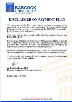 Babcock University disclaimer on payment plan