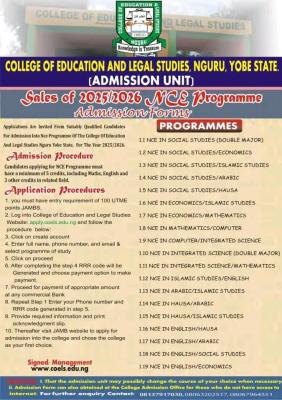 College of Education & Legal Studied, Nguru releases NCE admission form, 2025/2026