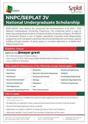 NNPC/SEPLAT JV National Undergraduate Scholarship Programme for Students - Closes 16th Nov