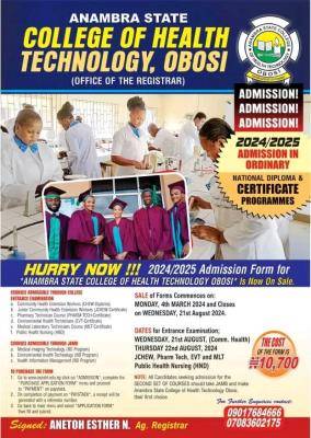 Anambra College of Health Science, Obosi admission into ND & Certificate Program, 2024/2025
