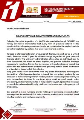 EKSU Student Union directs students to halt payment of late registration fee