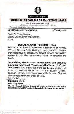 Aminu Saleh COE notice to staff and students