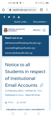 OAU notice to all students in respect of Institutional Email Accounts