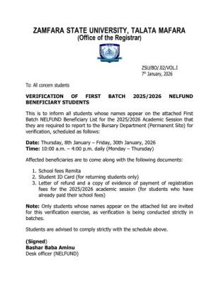 Zamfara State University notice on verification of 1st batch of NELFUND Beneficiaries