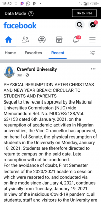 Crawford University notice on physical resumption