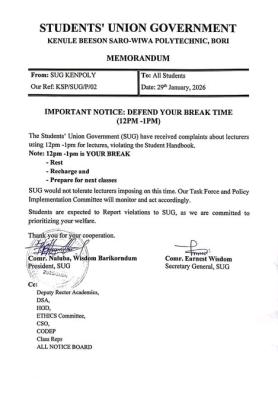 Kenule Beeson Saro-Wiwa Polytechnic SUG notice to students regarding lecture time