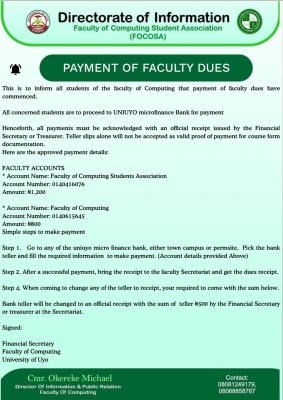 UNIUYO Faculty of Computing Students notice on payment of dues