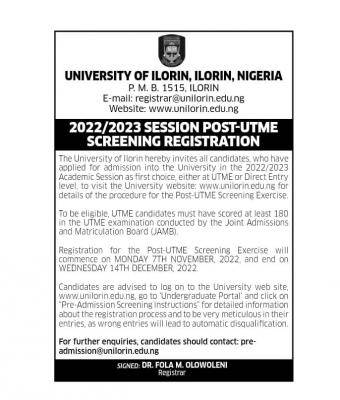 UNILORIN Releases 2022/2023 Post-UTME/DE Admission Forms