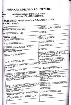 Abraham Adesanya Polytechnic academic calendar, 2023/2024 session