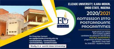 Elizade University Postgraduate Admission Form, 2020/2021