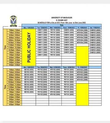 UNIMAID E-CAs schedule for 100 level science students