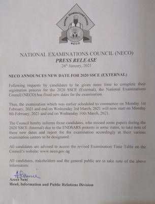 NECO announces new date for commencement of 2020 SSCE (External)