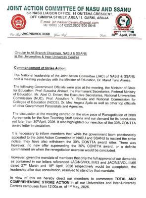 SSANU, NASU declares indefinite nationwide strike
