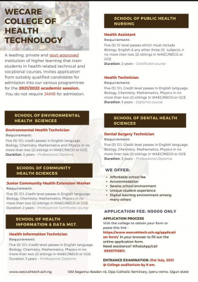 Wecare College of Health Technology admission forms, 2021/2022