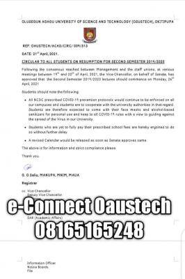 OAUSTECH notice on 2nd semester resumption for 2019/2020