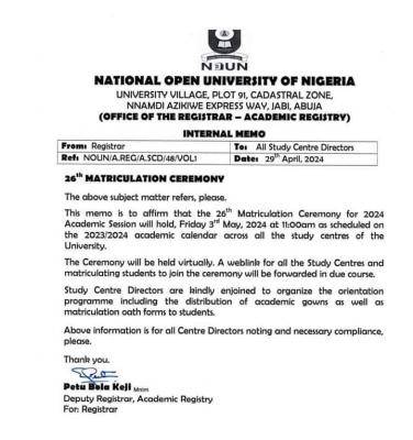 NOUN announces 26th matriculation ceremony