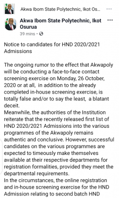 Akwa Ibom State Polytechnic, notice to HND candidates on 2020/2021 admissions