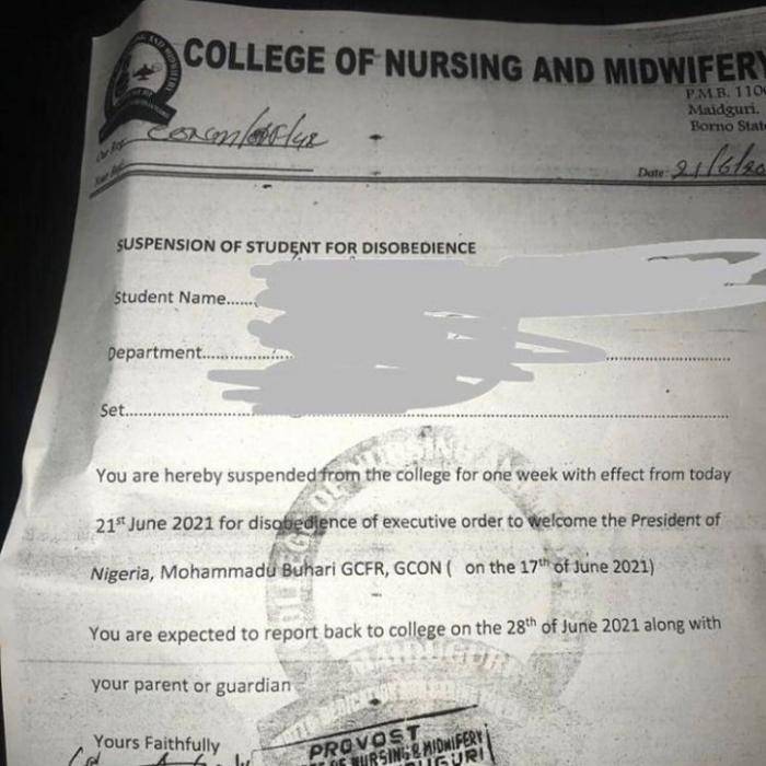 Borno college of nursing and midwifery allegedly suspends student for not greeting president Buhari