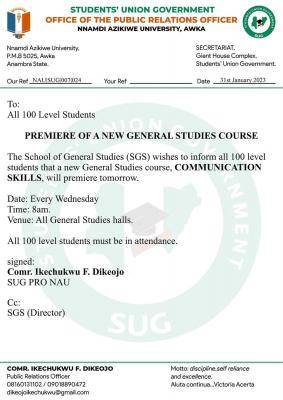 UNIZIK notice to all 100L students