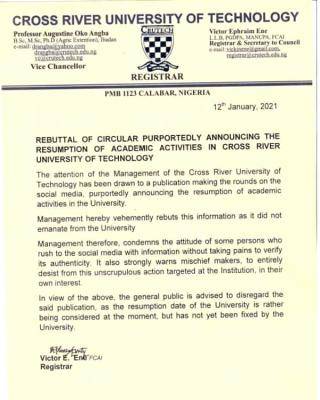 CRUTECH disclaimer notice on purported academic calendar