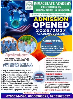Immaculate Academy of Health Tech. Chikanda Admission form, 2026/2027