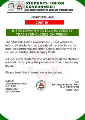 ADUSTECH SUG notice on deadline for inter-departmental and inter-university Transfer