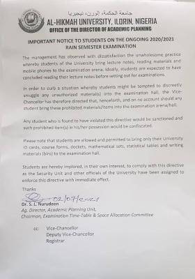 Alhikmah University notice on the ongoing 2020/2021 rain semester exam
