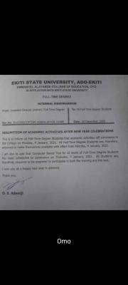 Emmanuel Alayande college of education resumption date for academic activities