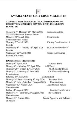 KWASU adjusted academic calendar for 2025/2026 session