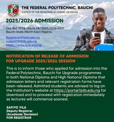 Federal Polytechnic, Bauchi releases upgrade admission list, 2025/2026
