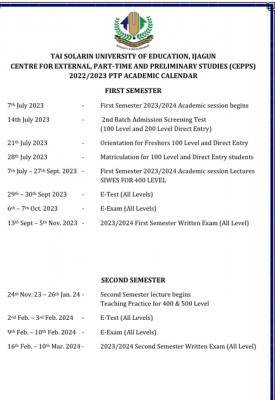TASUED part-time & pleminary studies academic calendar, 2022/2023 session