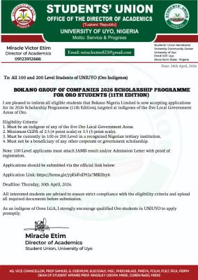 UNIUYO SUG notice on Bokano Group 2026 Scholarship for Oro Students