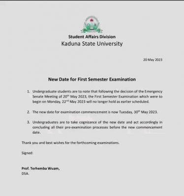 KASU reschedules date for first semester examinations