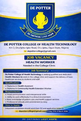De Potter College of Health Technology announces job vacancy