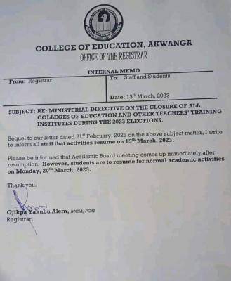 College of Education, Akwanga notice on resumption