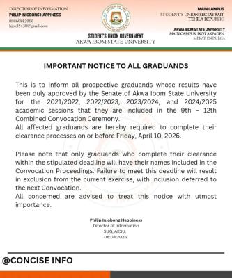 AKSU SUG notice to graduands ahead of Combined Convocation