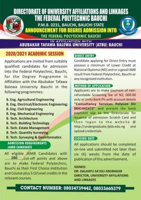 Federal Polytechnic, Bauchi degree undergraduate admission, 2020/2021