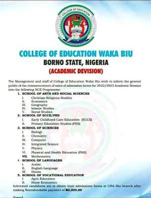 College of Education Waka-Biu Admission form, 2022/2023