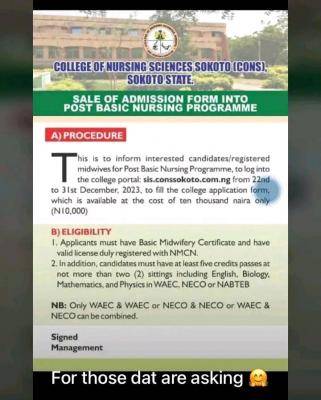 College of Nursing Sciences Sokoto Post Basic Nursing admission form, 2023/2024