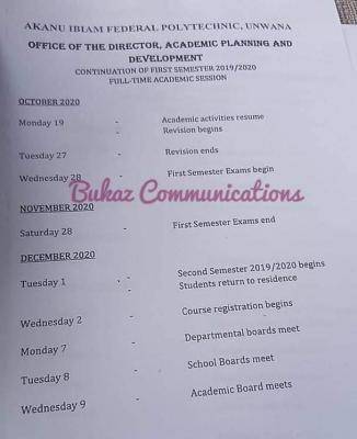 Akanu Ibiam Polytechnic resumption date and revised calendar for 2019/2020 session