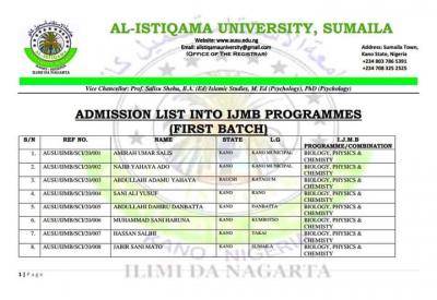 Al-istiqamah University IJMB admission list, 2020/2021