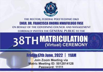 Fed Poly Oko  Meeting ID & Password for 38th virtual Matriculation Ceremony
