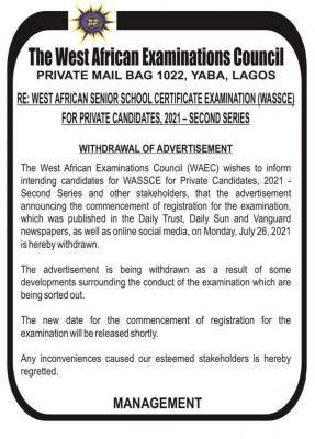 WAEC withdraws advertisement for commencement of 2021 GCE registration (2nd series)