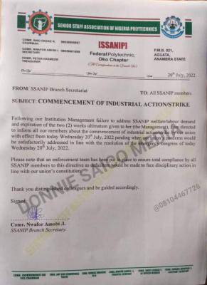 Federal Polytechnic, Oko SSANIP begins strike