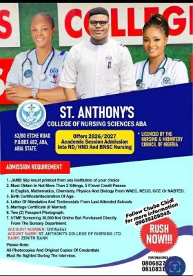 St. Anthony College of Nursing Sciences, Aba releases Admission form, 2026/2027