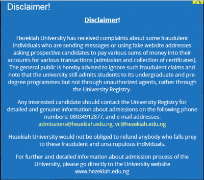 Hezekiah University scam alert notice